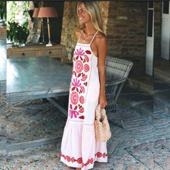 Zara Limited Edition Embroidered Maxi Dress Pink Size L - Picture 1 of 12